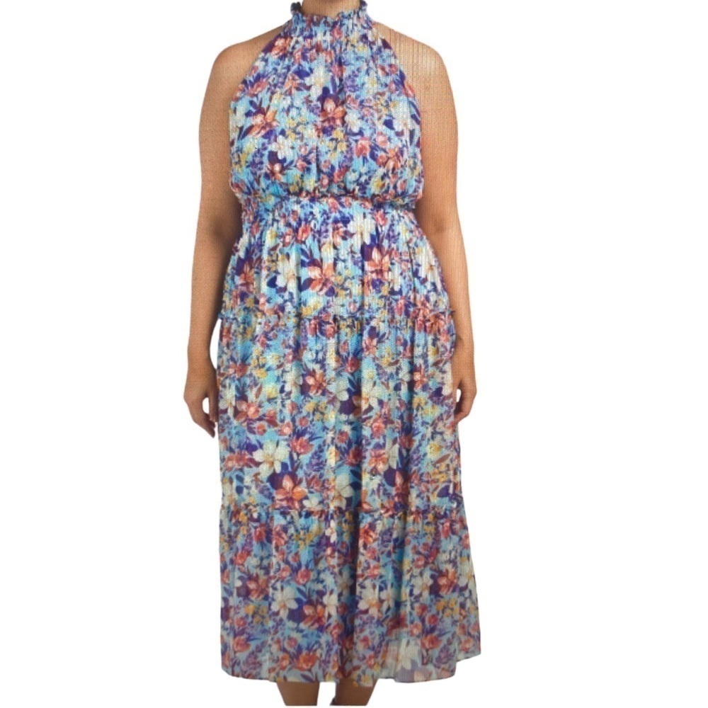 Taylor Blue Floral Halter Top Smocked Waist Sleeveless Maxi Dress - Size 16